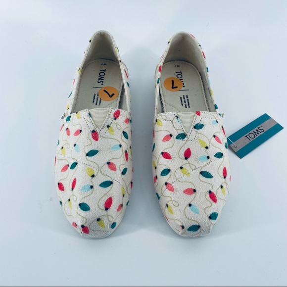TOMS Belmont Women’s Size 7 Natural Tree Lights Print Holiday Christmas Flat NEW - Picture 2 of 11